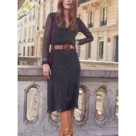 Sézane Clemence Black and White Polka Dot Midi Dress Size 36 US 4 Bust 36in - Picture 3 of 10